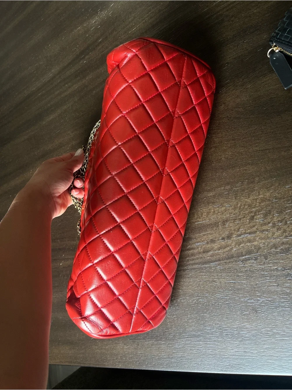 CHANEL Red Quilted Leather Shoulder Bag with Gold Chain and CC Charm